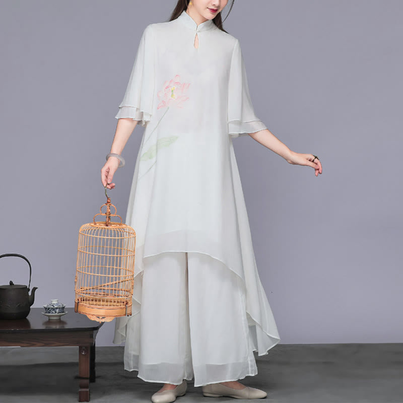 Buddha Stones Conjunto de Mujer de Dos Piezas de Vestido Cheongsam Midi de Flor de Loto y Pantalones de Pierna Ancha de Chifón Zen - image 3