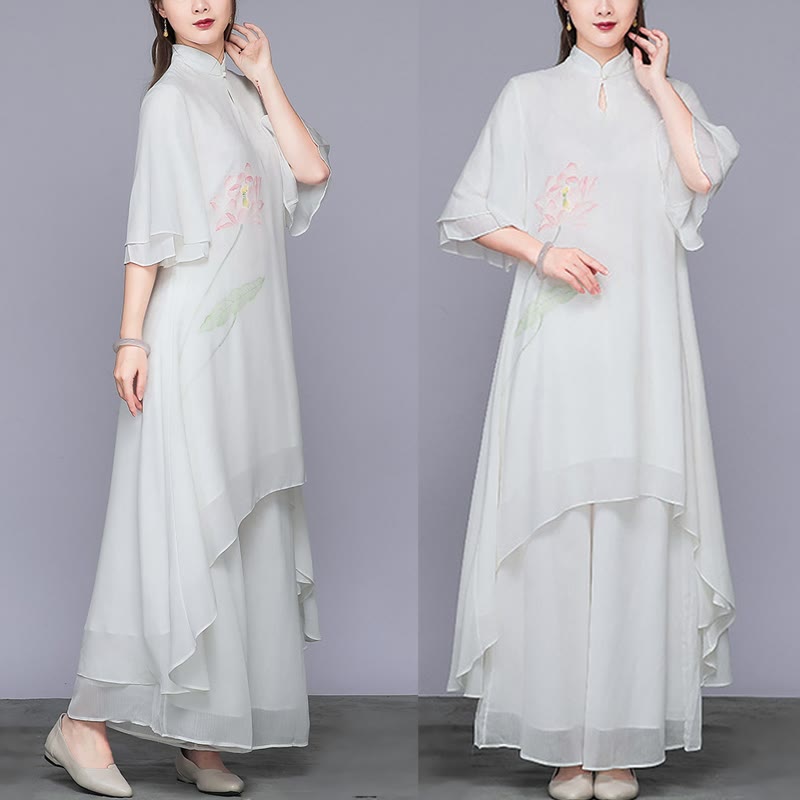 Buddha Stones Conjunto de Mujer de Dos Piezas de Vestido Cheongsam Midi de Flor de Loto y Pantalones de Pierna Ancha de Chifón Zen - image 4