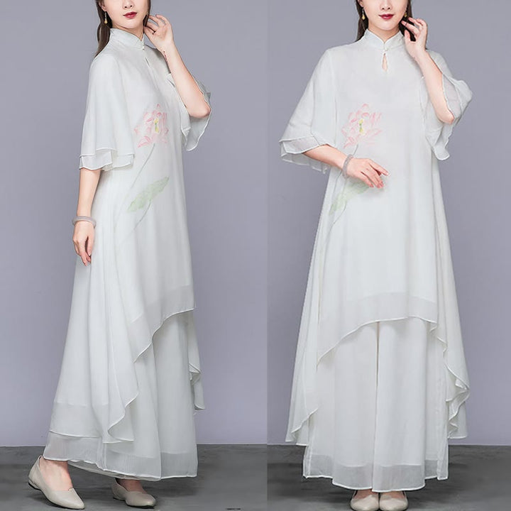 Buddha Stones Conjunto de Mujer de Dos Piezas de Vestido Cheongsam Midi de Flor de Loto y Pantalones de Pierna Ancha de Chifón Zen - image 4