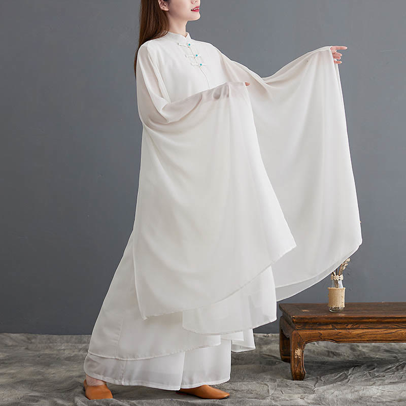 Conjunto Zen para Mujer de 2 Piezas con Vestido Midi de Manga Larga con Botones de Rana y Pantalones Amplios de Chifón Buddha Stones - image 3