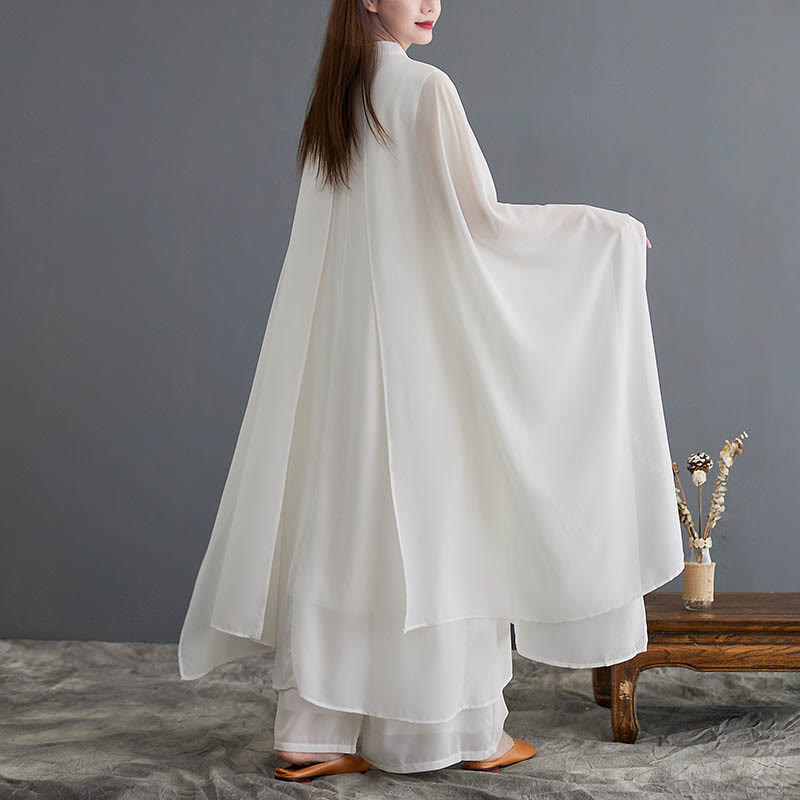 Conjunto Zen para Mujer de 2 Piezas con Vestido Midi de Manga Larga con Botones de Rana y Pantalones Amplios de Chifón Buddha Stones - image 4