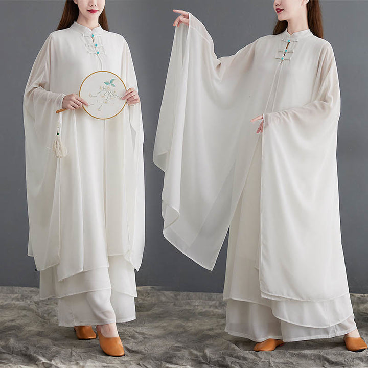 Conjunto Zen para Mujer de 2 Piezas con Vestido Midi de Manga Larga con Botones de Rana y Pantalones Amplios de Chifón Buddha Stones
