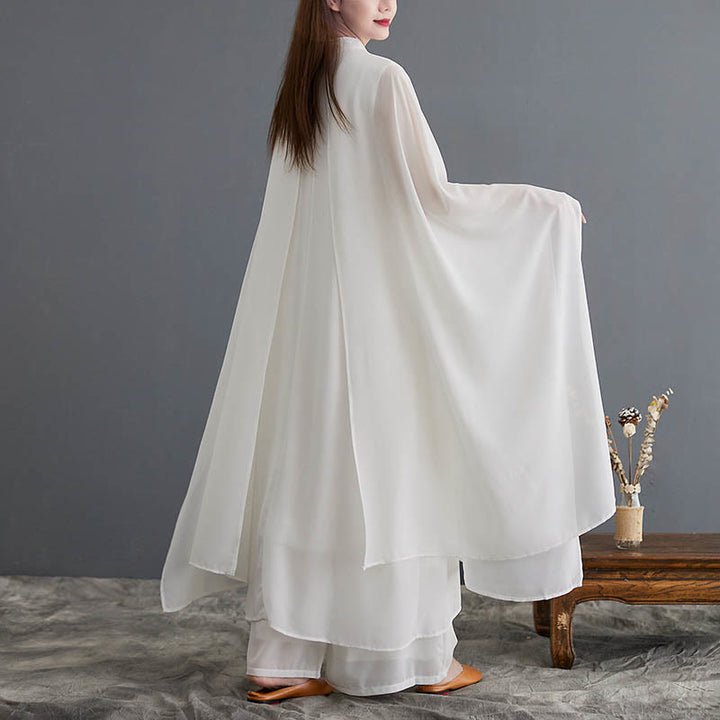 Conjunto Zen para Mujer de 2 Piezas con Vestido Midi de Manga Larga con Botones de Rana y Pantalones Amplios de Chifón Buddha Stones