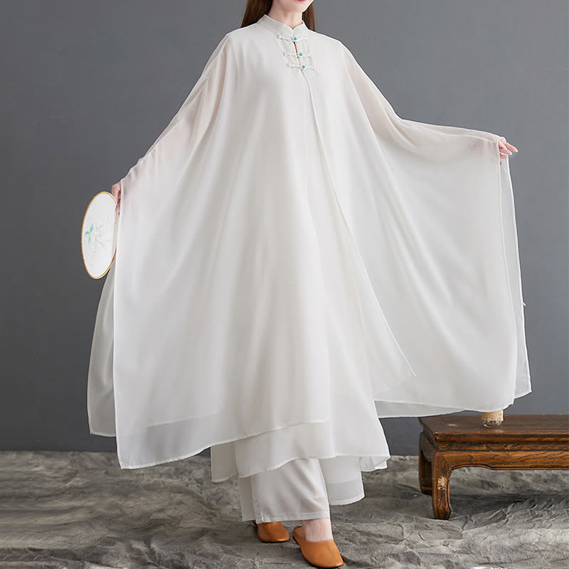 Conjunto Zen para Mujer de 2 Piezas con Vestido Midi de Manga Larga con Botones de Rana y Pantalones Amplios de Chifón Buddha Stones - image 5