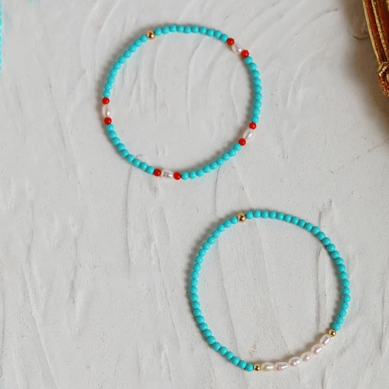 Pulsera de protección de pequeñas cuentas de piedras de Buda con turquesa, ágata roja y perla