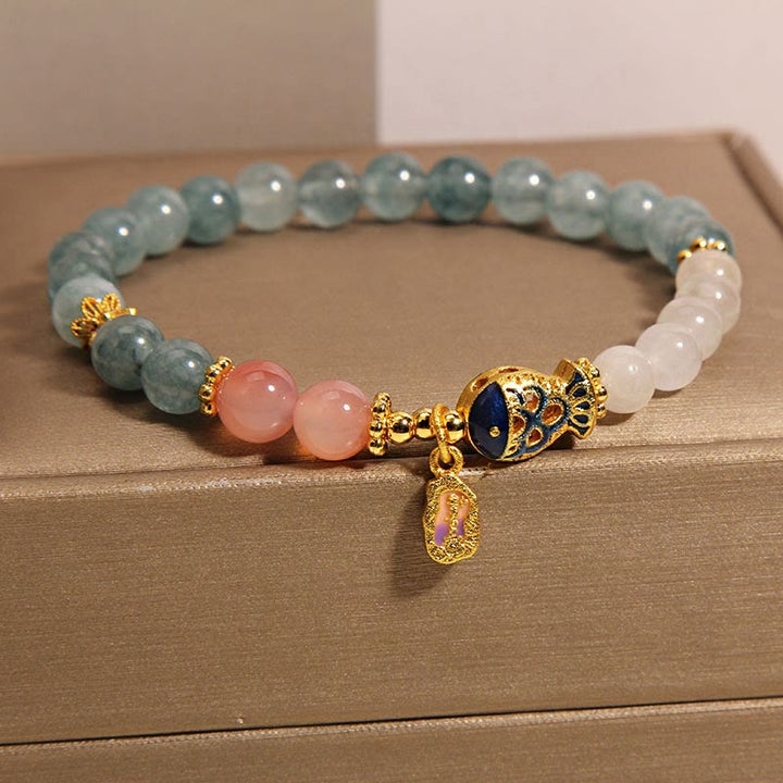 Buddha Stones Jade Yanyuan Ágata Jade Blanco Pez Koi Amuleto de Escritura Pulsera de la Suerte