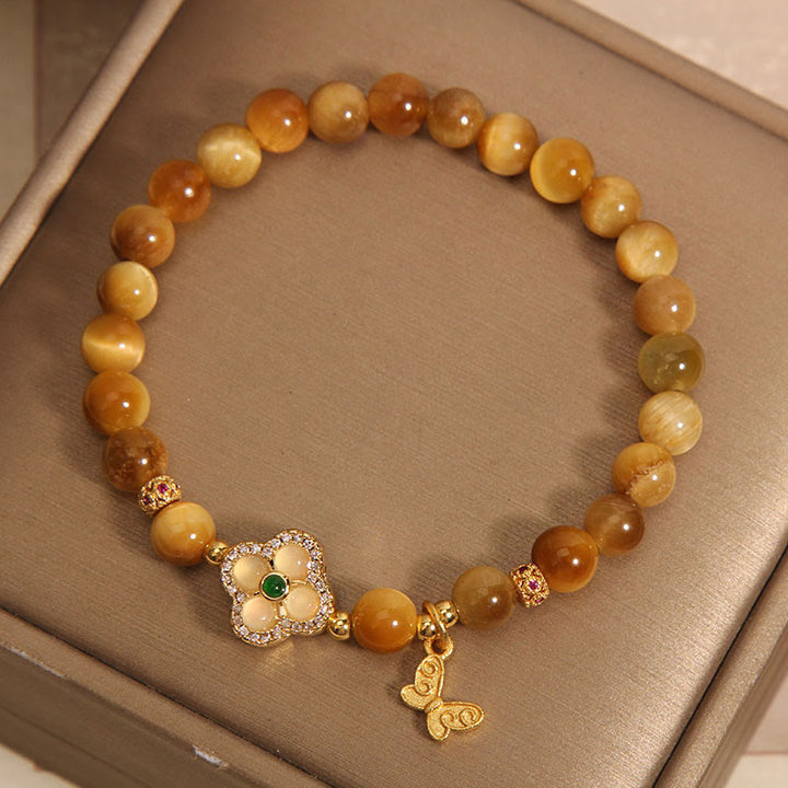 Pulsera de Protección de Buddha Stones con Ojo de Tigre y Mariposa de Trébol de Cuatro Hojas
