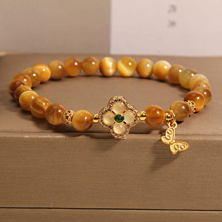 Pulsera de Protección de Buddha Stones con Ojo de Tigre y Mariposa de Trébol de Cuatro Hojas