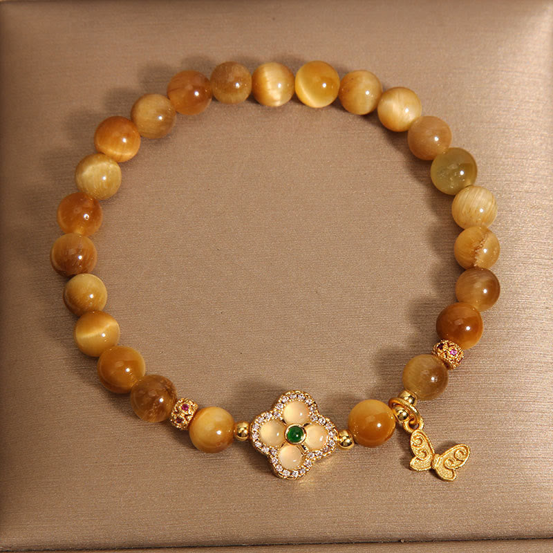 Pulsera de Protección de Buddha Stones con Ojo de Tigre y Mariposa de Trébol de Cuatro Hojas