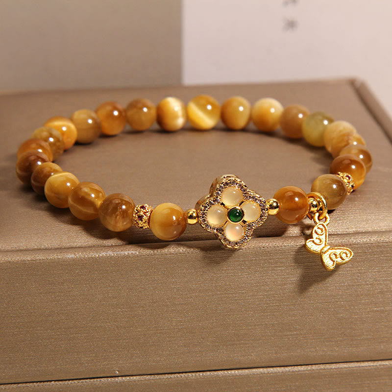 Pulsera de Protección de Buddha Stones con Ojo de Tigre y Mariposa de Trébol de Cuatro Hojas