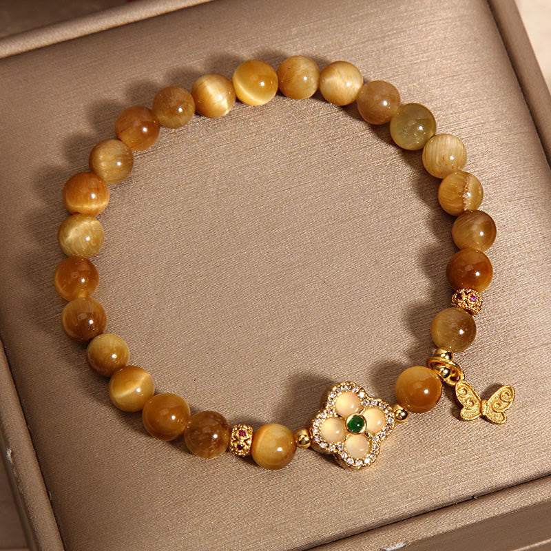 Pulsera de Protección de Buddha Stones con Ojo de Tigre y Mariposa de Trébol de Cuatro Hojas