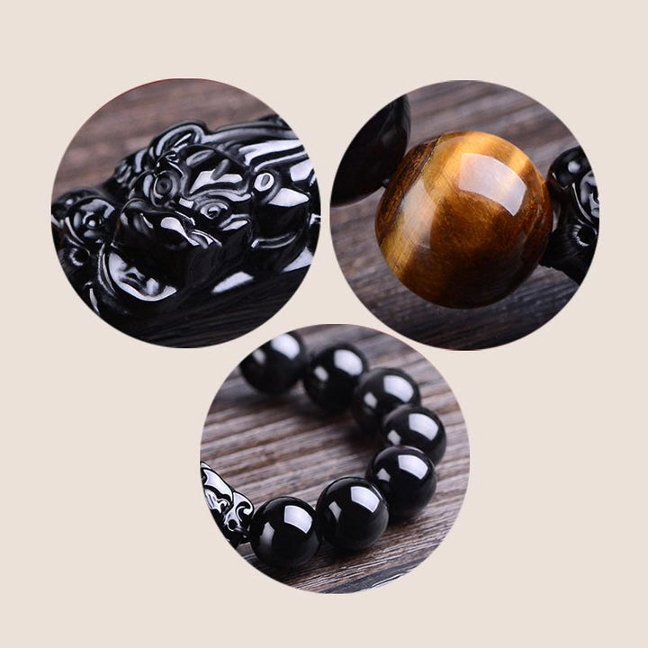 Pulsera de fuerza de ojo de tigre y PiXiu de obsidiana negra natural de Buddha Stones