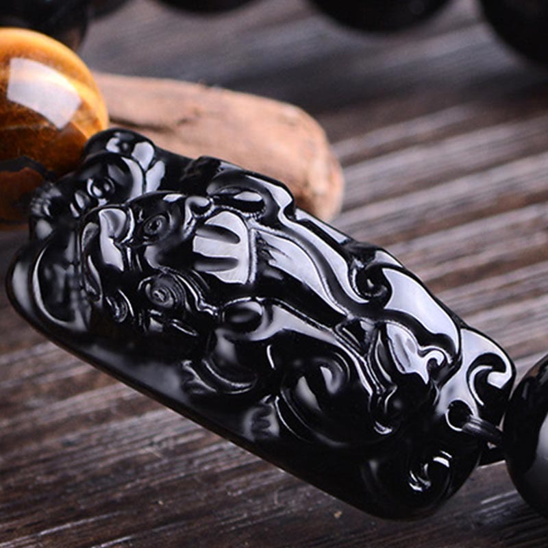 Pulsera de fuerza de ojo de tigre y PiXiu de obsidiana negra natural de Buddha Stones