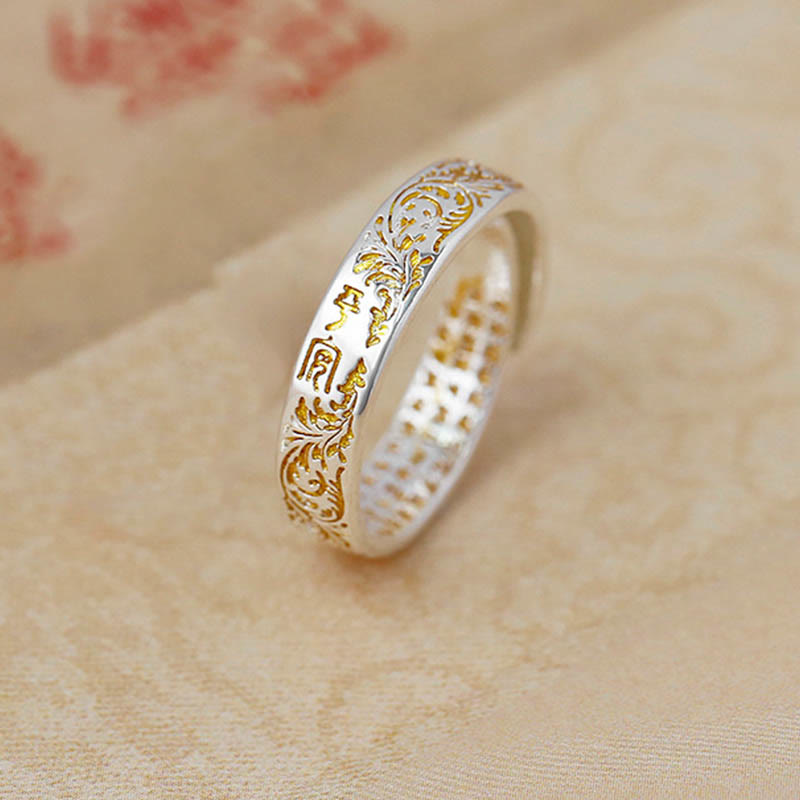 Buddha Stones paz y alegría diseño de flores de la dinastía Tang anillo ajustable de cobre con sutra del corazón de loto tallado de la suerte