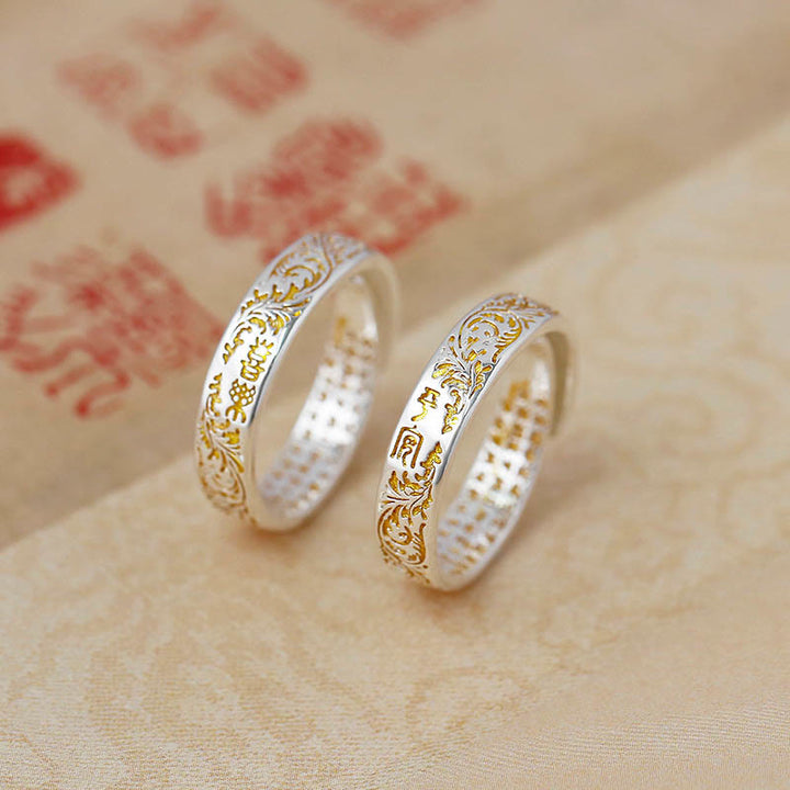 Buddha Stones paz y alegría diseño de flores de la dinastía Tang anillo ajustable de cobre con sutra del corazón de loto tallado de la suerte