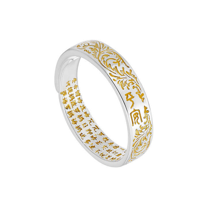 Buddha Stones paz y alegría diseño de flores de la dinastía Tang anillo ajustable de cobre con sutra del corazón de loto tallado de la suerte