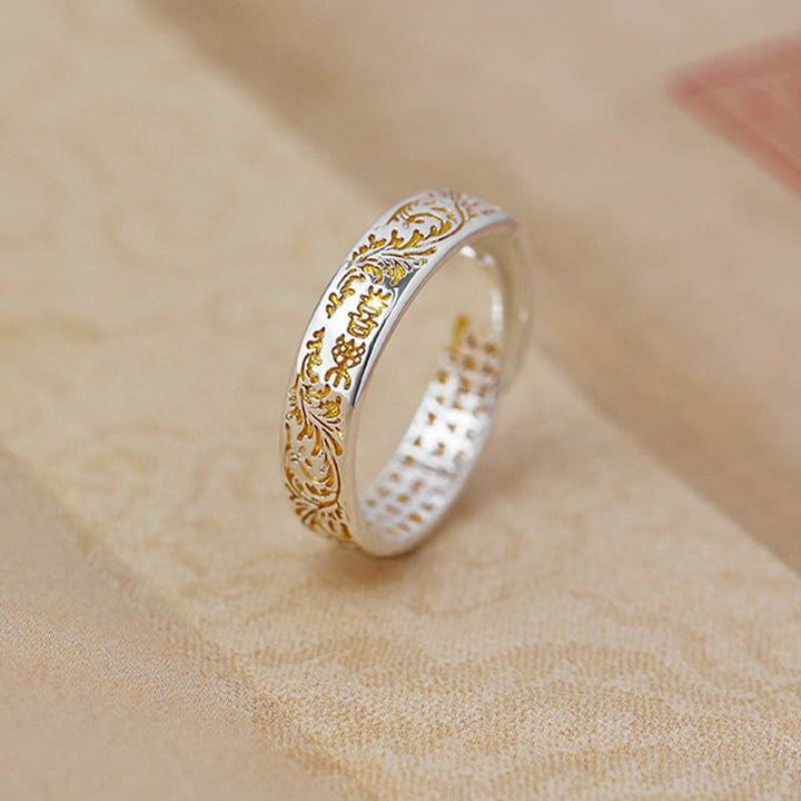Buddha Stones paz y alegría diseño de flores de la dinastía Tang anillo ajustable de cobre con sutra del corazón de loto tallado de la suerte
