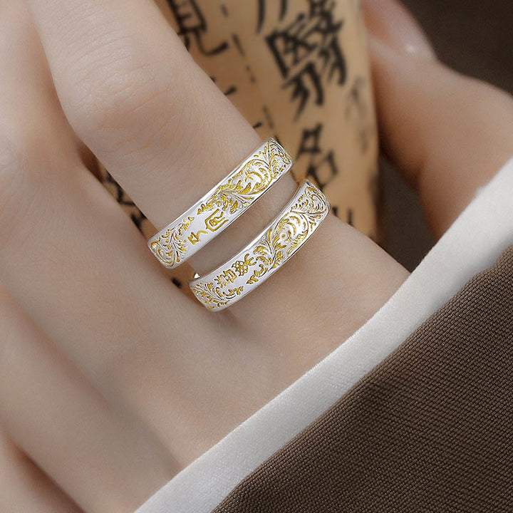 Buddha Stones paz y alegría diseño de flores de la dinastía Tang anillo ajustable de cobre con sutra del corazón de loto tallado de la suerte