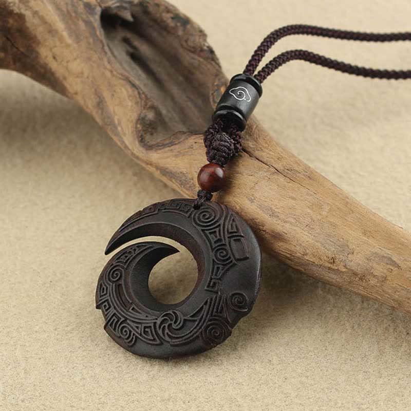 Buddha Stones Madera de Ébano Madera de Sándalo La Suerte de Uno Mejora Diseño Patrón Collar de Paz Colgante