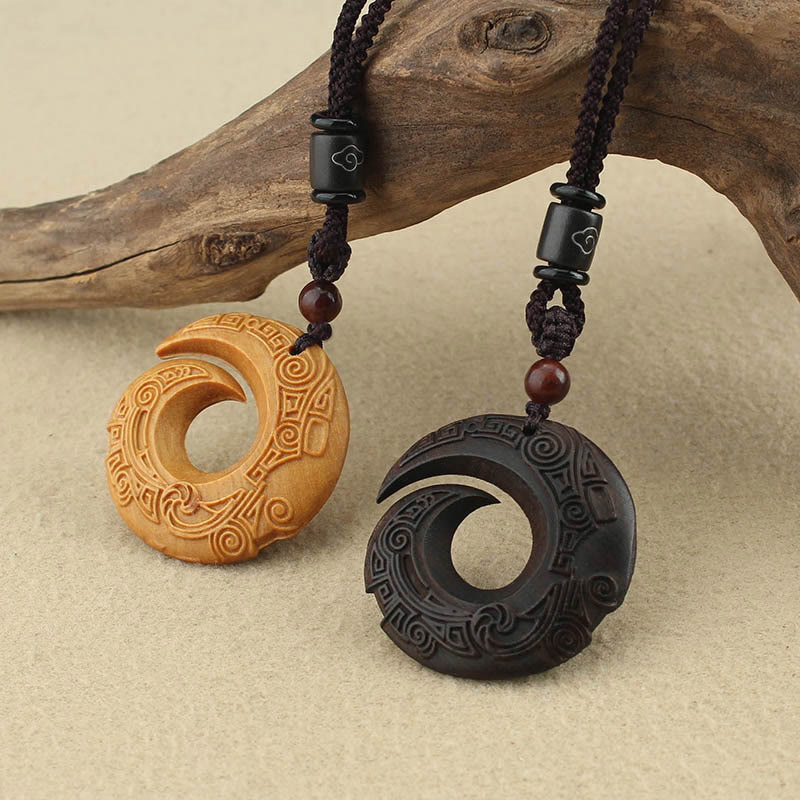 Buddha Stones Madera de Ébano Madera de Sándalo La Suerte de Uno Mejora Diseño Patrón Collar de Paz Colgante