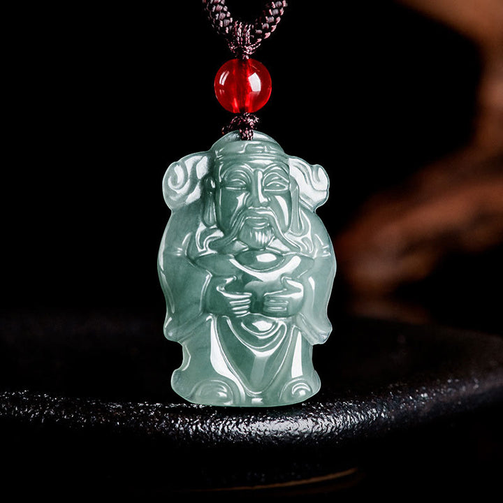 Colgante de abundancia en collar con jade verde natural y dios chino de la riqueza Caishen de Buddha Stones