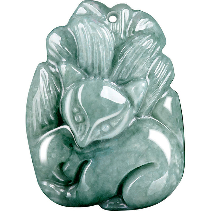 Buddha Stones Collar colgante de jade verde natural con forma de zorro de nueve colas grabado con prosperidad