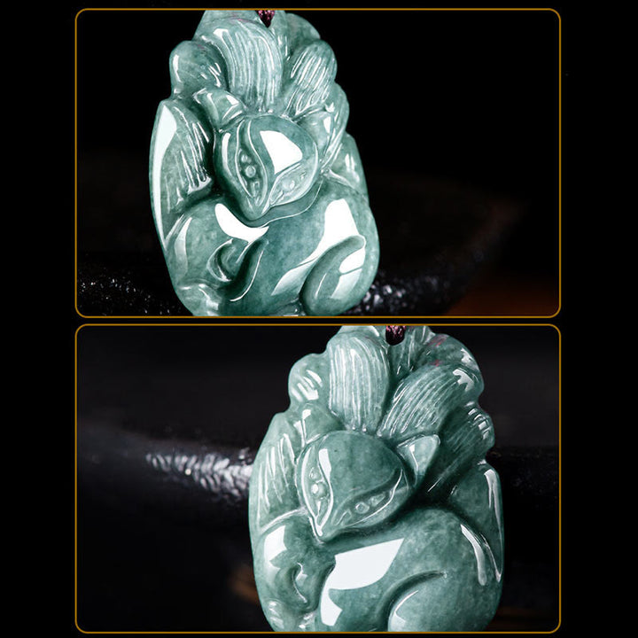 Buddha Stones Collar colgante de jade verde natural con forma de zorro de nueve colas grabado con prosperidad