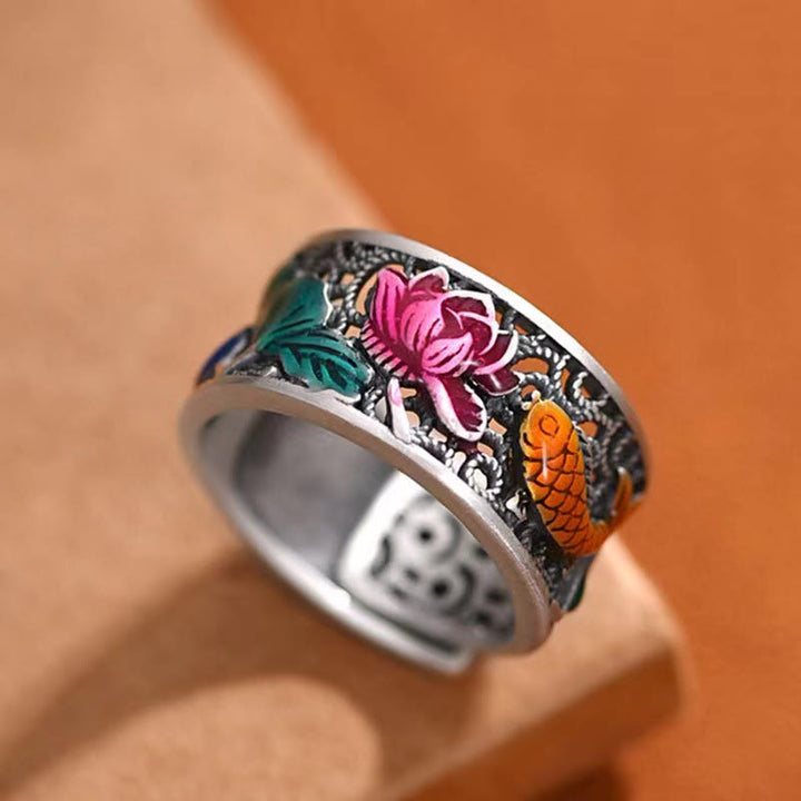 Anillo de la suerte Koi Fish del Sutra del corazón de loto esmaltado de azul cobre Buddha Stones
