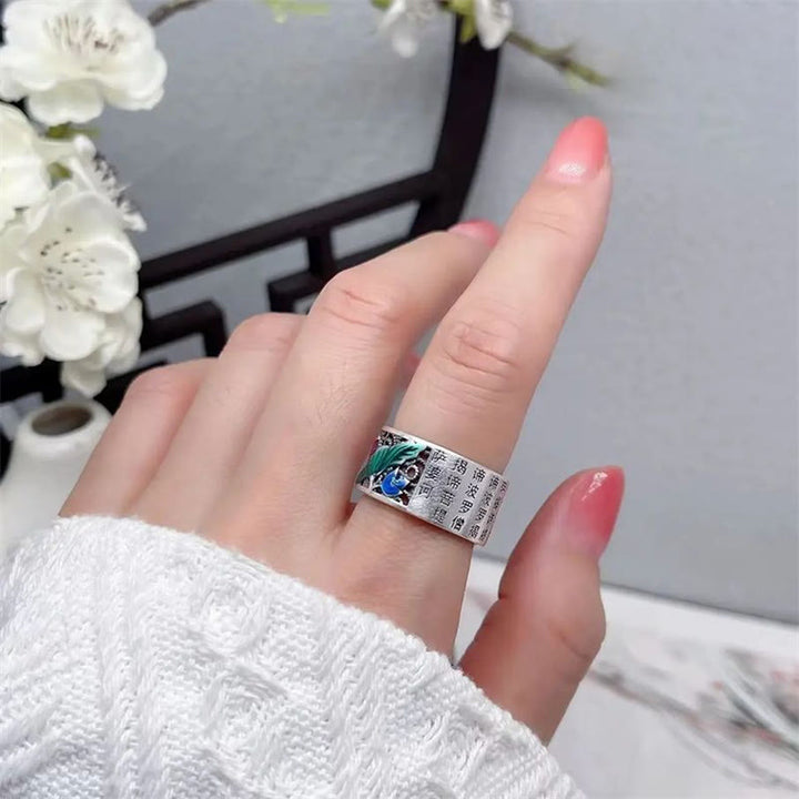 Anillo de la suerte Koi Fish del Sutra del corazón de loto esmaltado de azul cobre Buddha Stones
