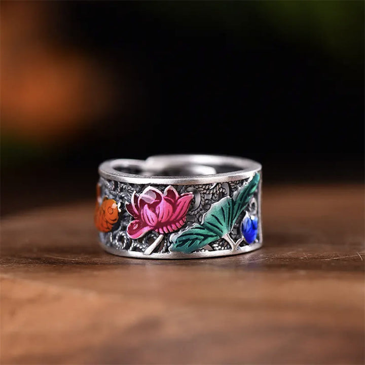 Anillo de la suerte Koi Fish del Sutra del corazón de loto esmaltado de azul cobre Buddha Stones