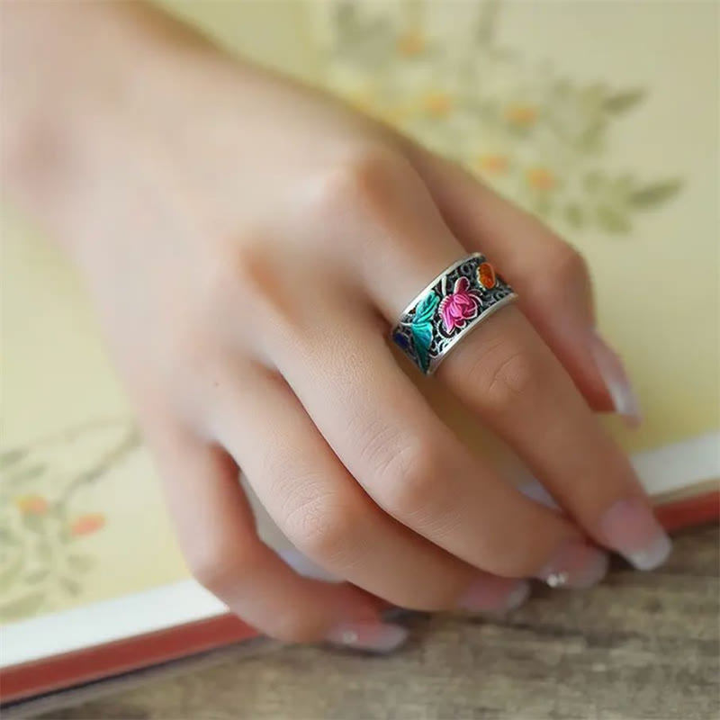 Anillo de la suerte Koi Fish del Sutra del corazón de loto esmaltado de azul cobre Buddha Stones