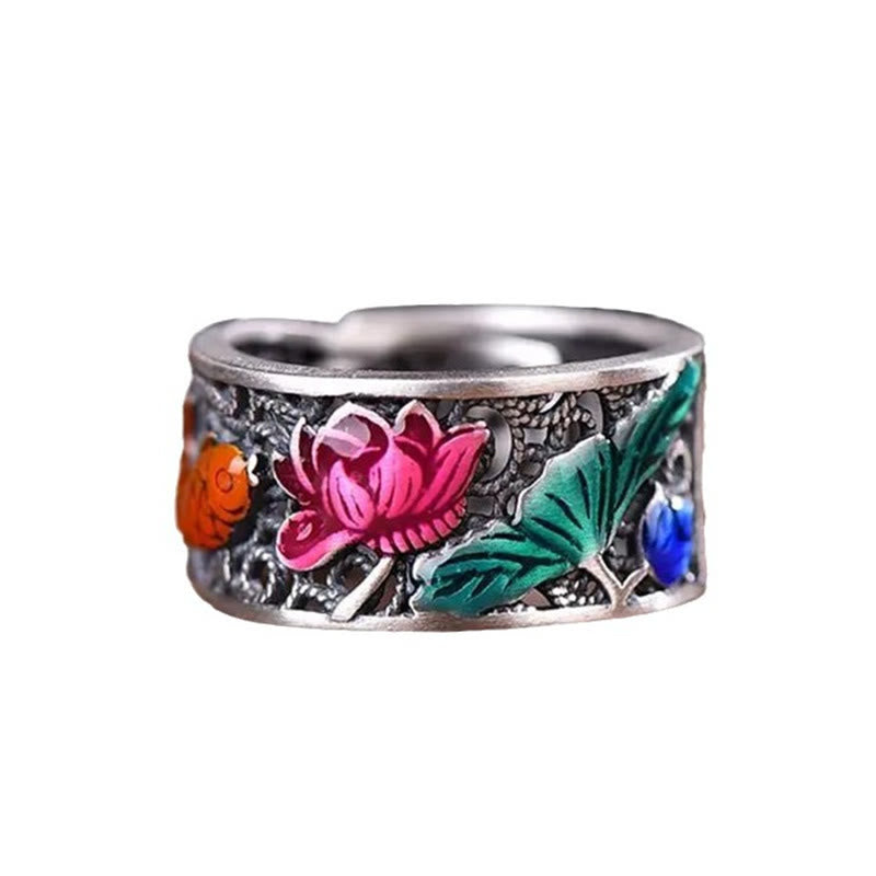 Anillo de la suerte Koi Fish del Sutra del corazón de loto esmaltado de azul cobre Buddha Stones