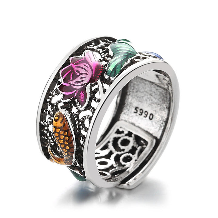 Anillo de la suerte Koi Fish del Sutra del corazón de loto esmaltado de azul cobre Buddha Stones