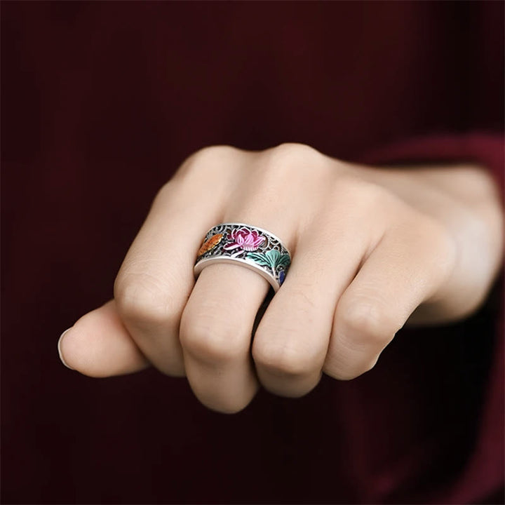 Anillo de la suerte Koi Fish del Sutra del corazón de loto esmaltado de azul cobre Buddha Stones
