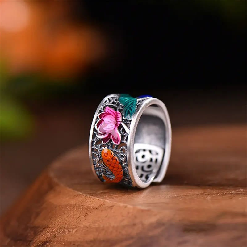 Anillo de la suerte Koi Fish del Sutra del corazón de loto esmaltado de azul cobre Buddha Stones