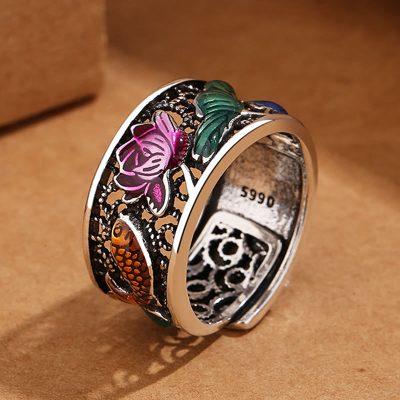 Anillo de la suerte Koi Fish del Sutra del corazón de loto esmaltado de azul cobre Buddha Stones