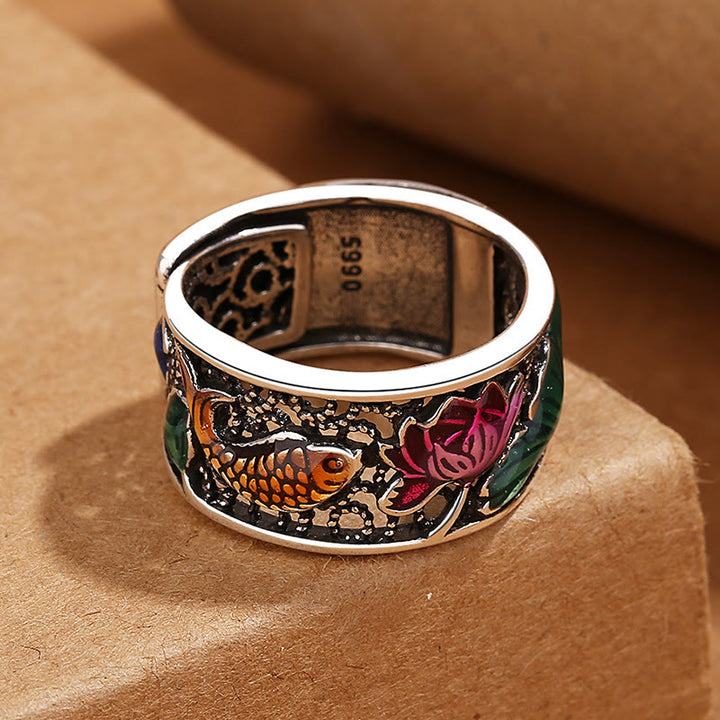 Anillo de la suerte Koi Fish del Sutra del corazón de loto esmaltado de azul cobre Buddha Stones