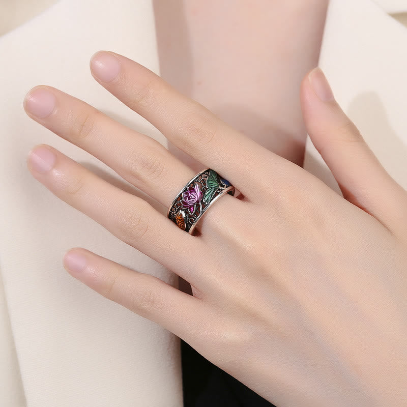 Anillo de la suerte Koi Fish del Sutra del corazón de loto esmaltado de azul cobre Buddha Stones