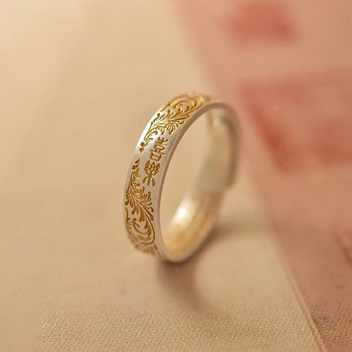 Anillo del Sutra del Corazón de 999 Plata Esterlina Bañado en Oro con Patrón de Flor Alegre Buddha Stone