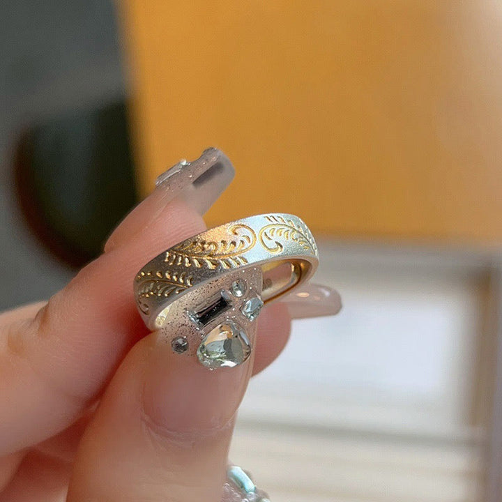Anillo del Sutra del Corazón de 999 Plata Esterlina Bañado en Oro con Patrón de Flor Alegre Buddha Stone