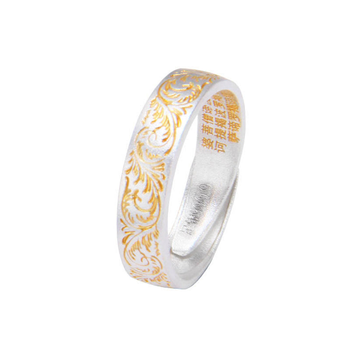 Anillo del Sutra del Corazón de 999 Plata Esterlina Bañado en Oro con Patrón de Flor Alegre Buddha Stone