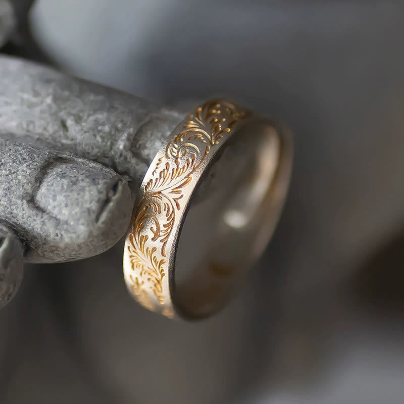 Anillo del Sutra del Corazón de 999 Plata Esterlina Bañado en Oro con Patrón de Flor Alegre Buddha Stone