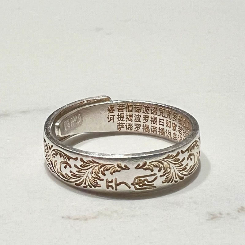 Anillo del Sutra del Corazón de 999 Plata Esterlina Bañado en Oro con Patrón de Flor Alegre Buddha Stone