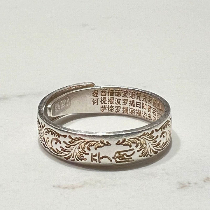 Anillo del Sutra del Corazón de 999 Plata Esterlina Bañado en Oro con Patrón de Flor Alegre Buddha Stone