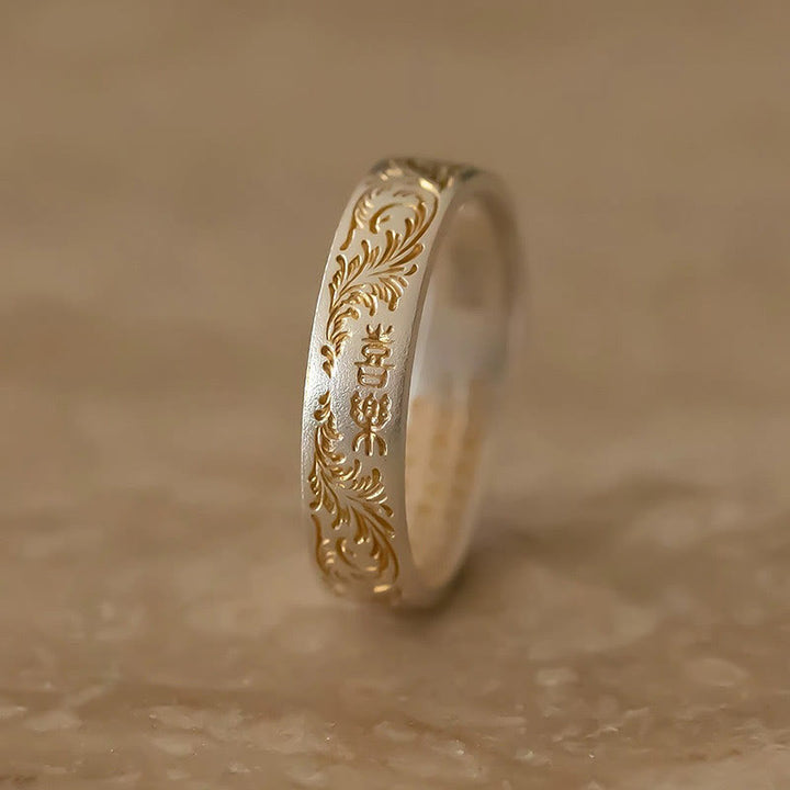 Anillo del Sutra del Corazón de 999 Plata Esterlina Bañado en Oro con Patrón de Flor Alegre Buddha Stone