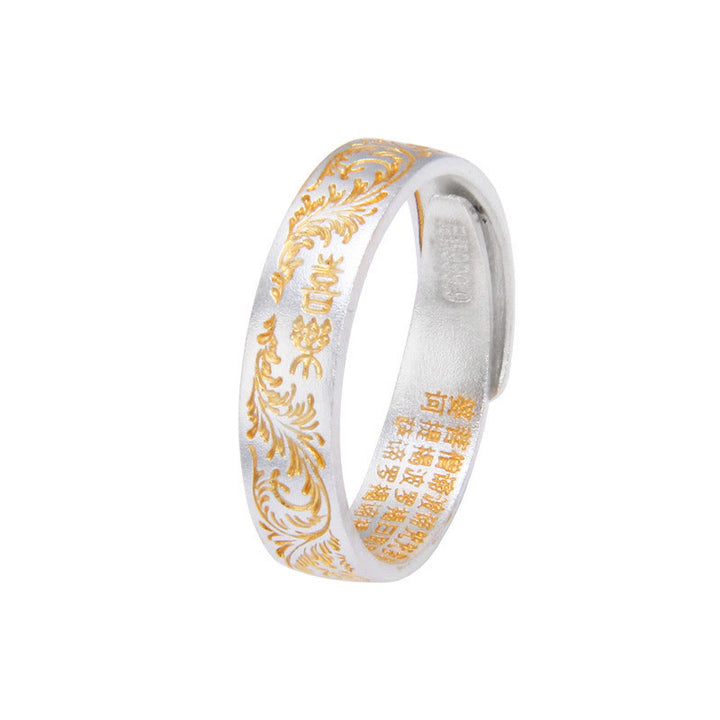 Anillo del Sutra del Corazón de 999 Plata Esterlina Bañado en Oro con Patrón de Flor Alegre Buddha Stone