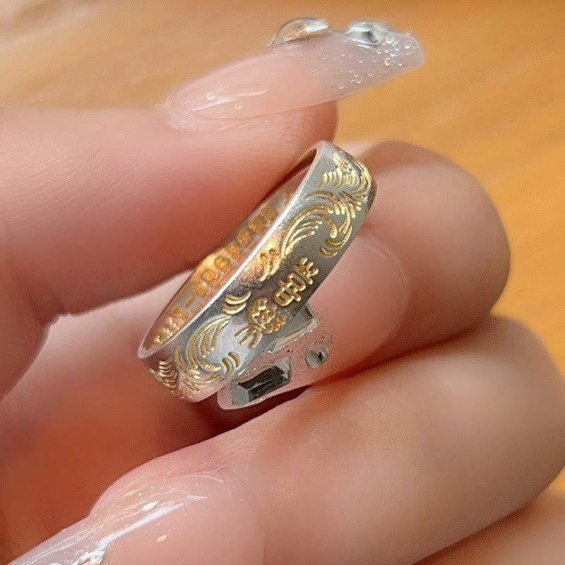Anillo del Sutra del Corazón de 999 Plata Esterlina Bañado en Oro con Patrón de Flor Alegre Buddha Stone