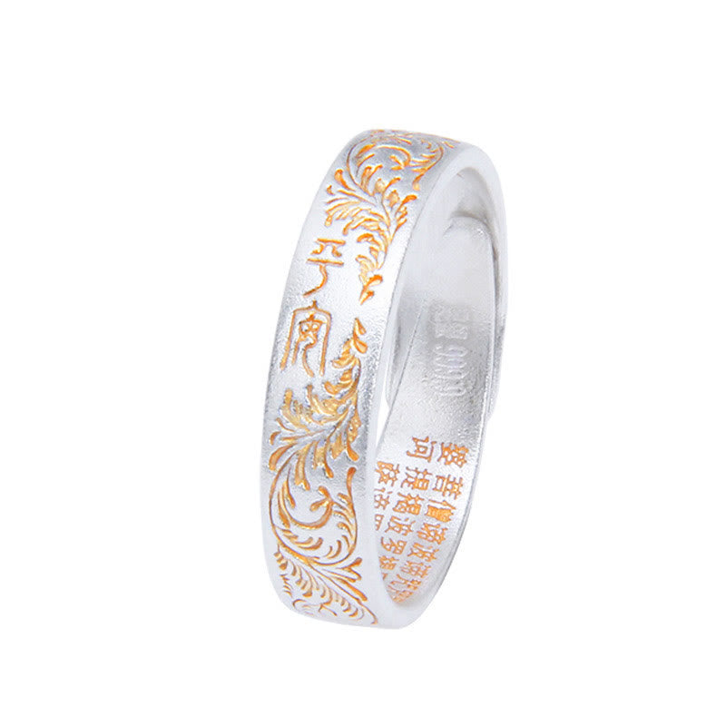 Anillo del Sutra del Corazón de 999 Plata Esterlina Bañado en Oro con Patrón de Flor Alegre Buddha Stone