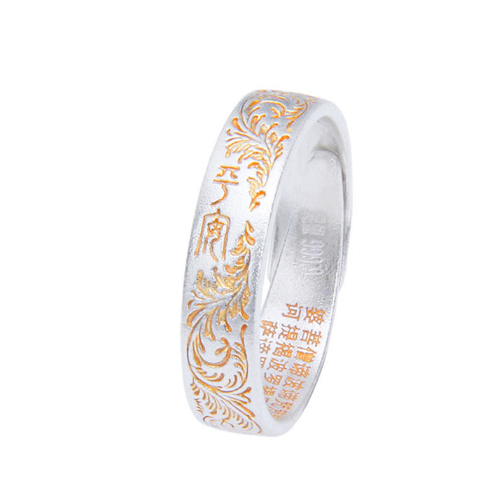 Anillo del Sutra del Corazón de 999 Plata Esterlina Bañado en Oro con Patrón de Flor Alegre Buddha Stone