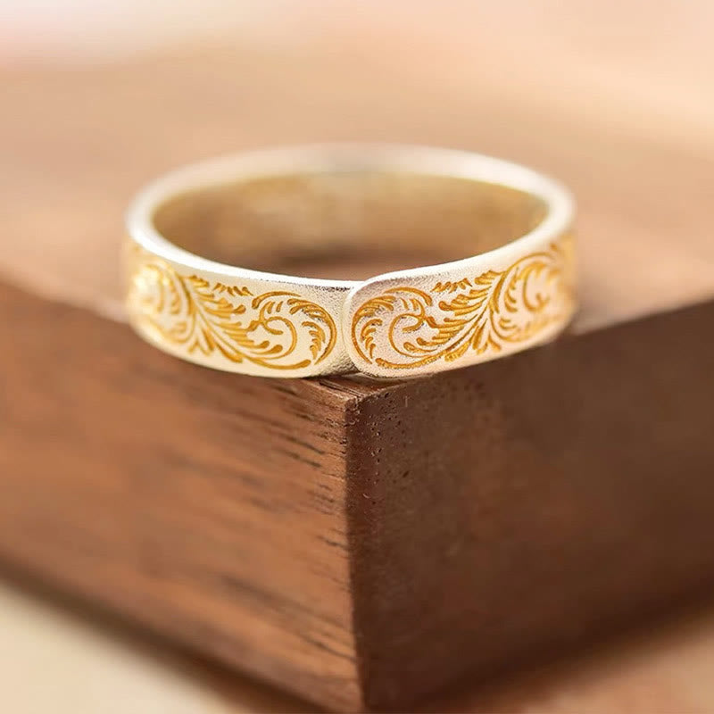 Anillo del Sutra del Corazón de 999 Plata Esterlina Bañado en Oro con Patrón de Flor Alegre Buddha Stone